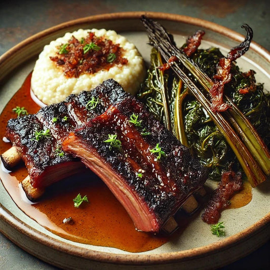 Bourbon-Braised Ribs with Collards & Heirloom Grits